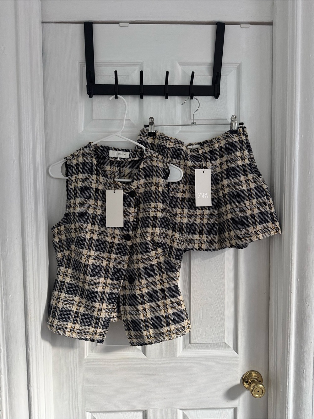 Zara Black and Cream Checked Tweed Mini Skirt